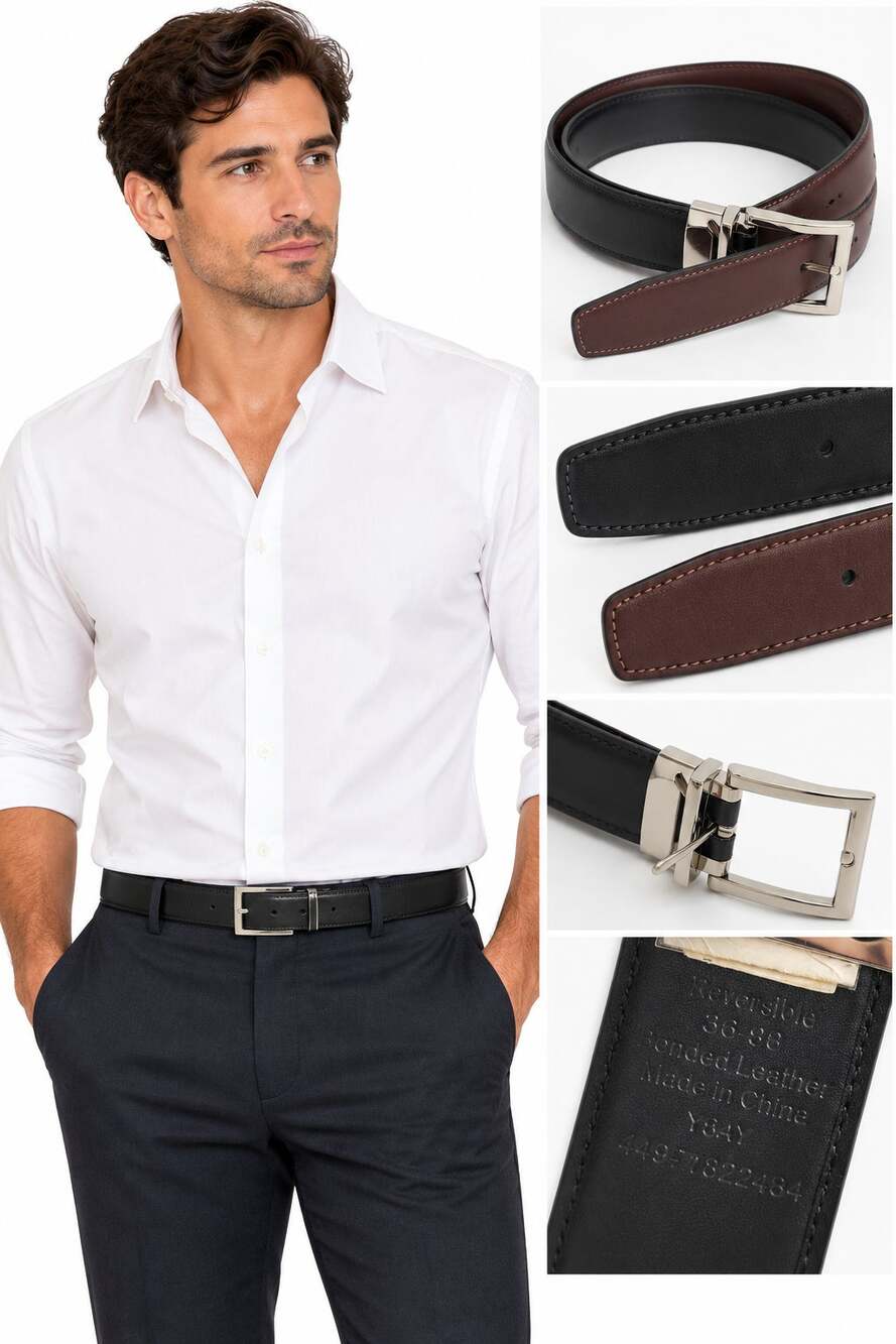 Men's Reversible Black Brown Bonded Leather Belt Silver Buckle Size 36–38